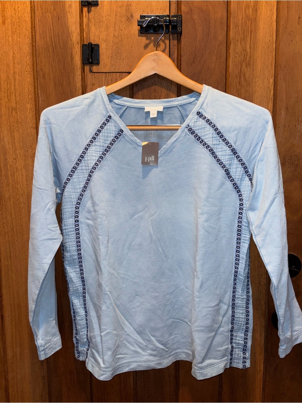 J. Jill Pale Blue V-Neck Long-Sleeve Top with Embroidered Trim